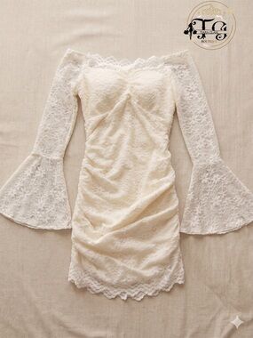 Off-Shoulder Ivory Lace Mini Dress with Bell Sleeves